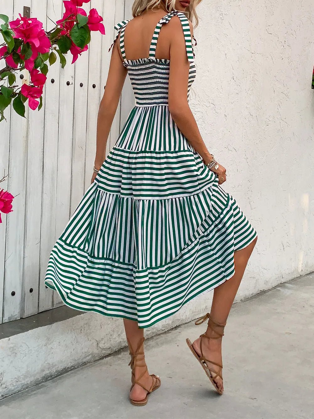 Perfee Smocked Striped Square Neck Midi Dress - Lookzlike