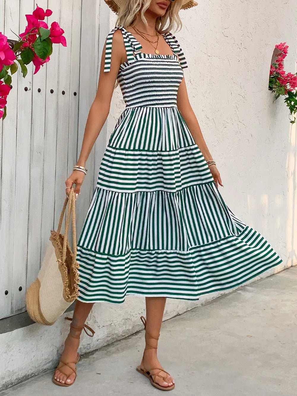 Perfee Smocked Striped Square Neck Midi Dress - Lookzlike