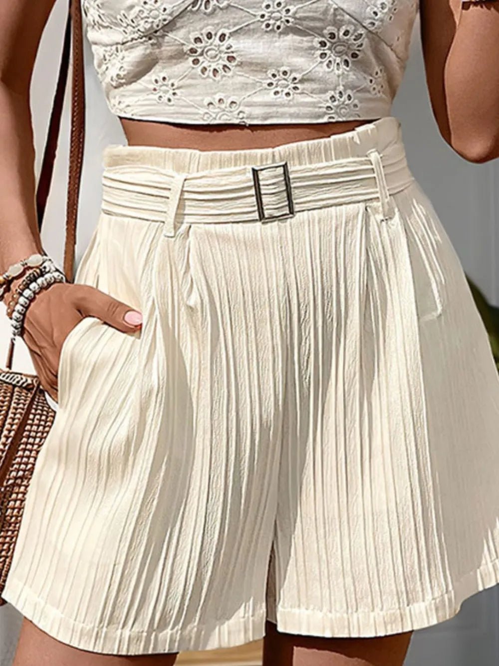 Perfee Textured High Waist Shorts with Pockets - Lookzlike