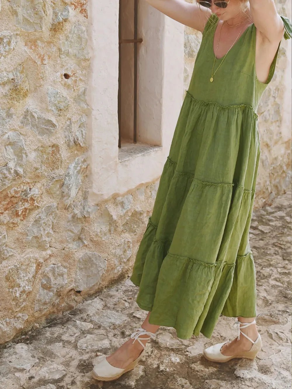 Perfee Tiered Frill V-Neck Sleeveless Dress designed for comfort and style at Lookzlike
