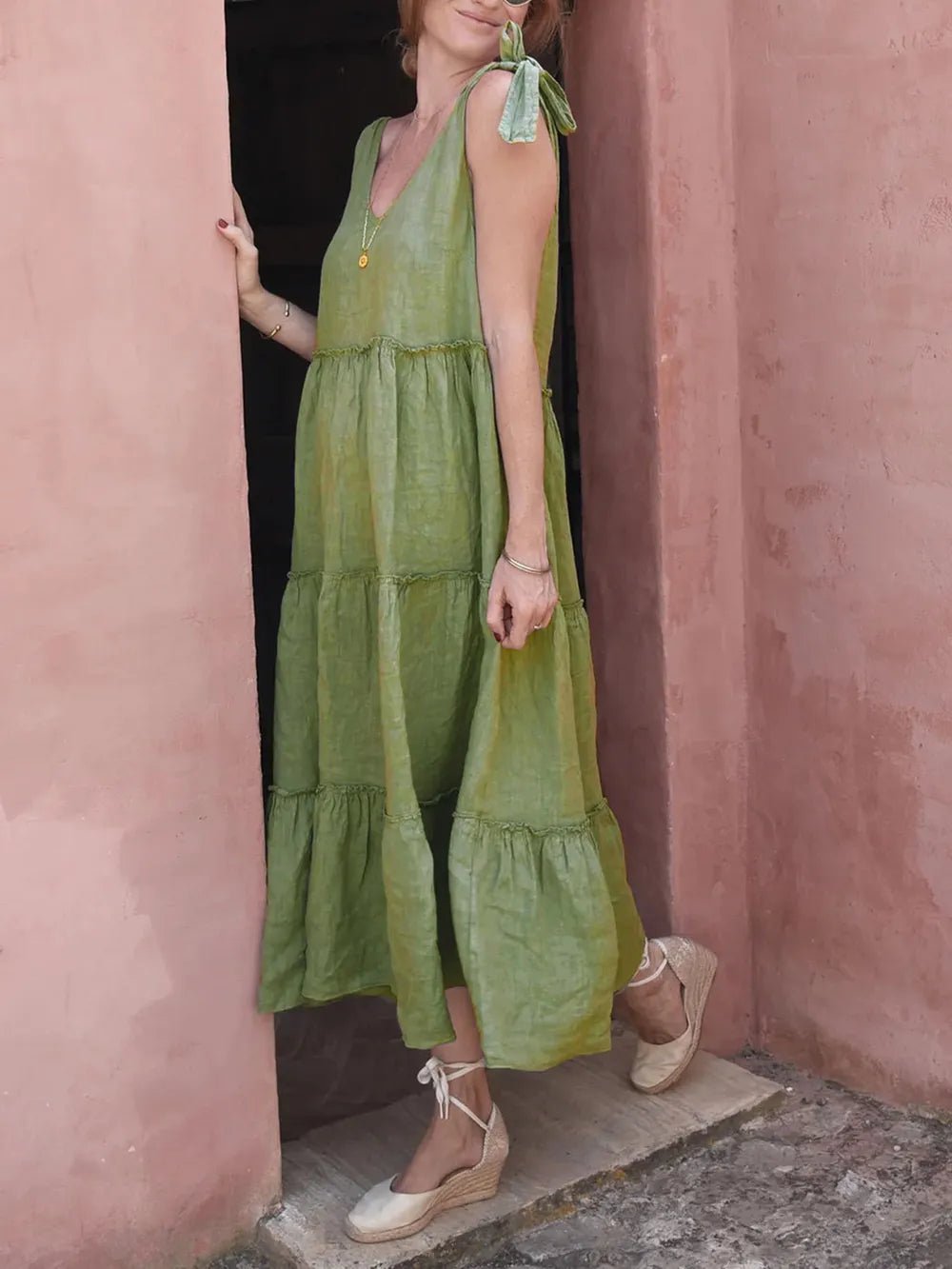 Perfee Tiered Frill V-Neck Sleeveless Dress designed for comfort and style at Lookzlike