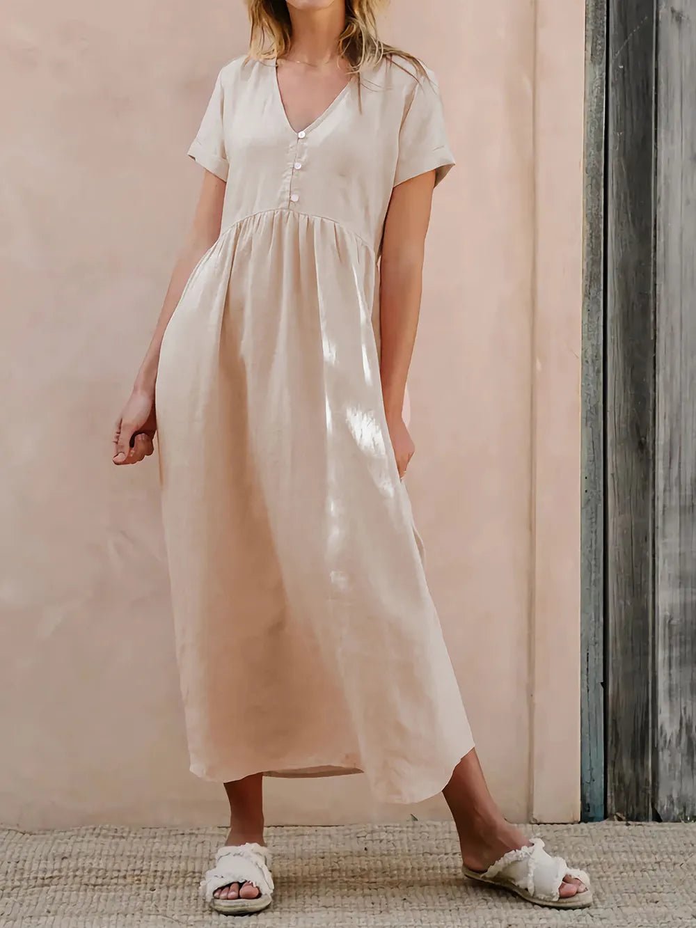 Perfee V-Neck Short Sleeve Midi Dress designed for comfort and style at Lookzlike