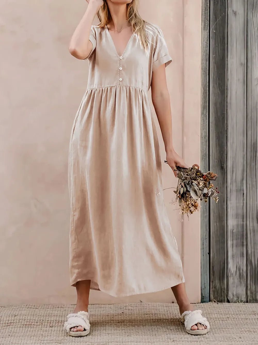 Perfee V-Neck Short Sleeve Midi Dress designed for comfort and style at Lookzlike