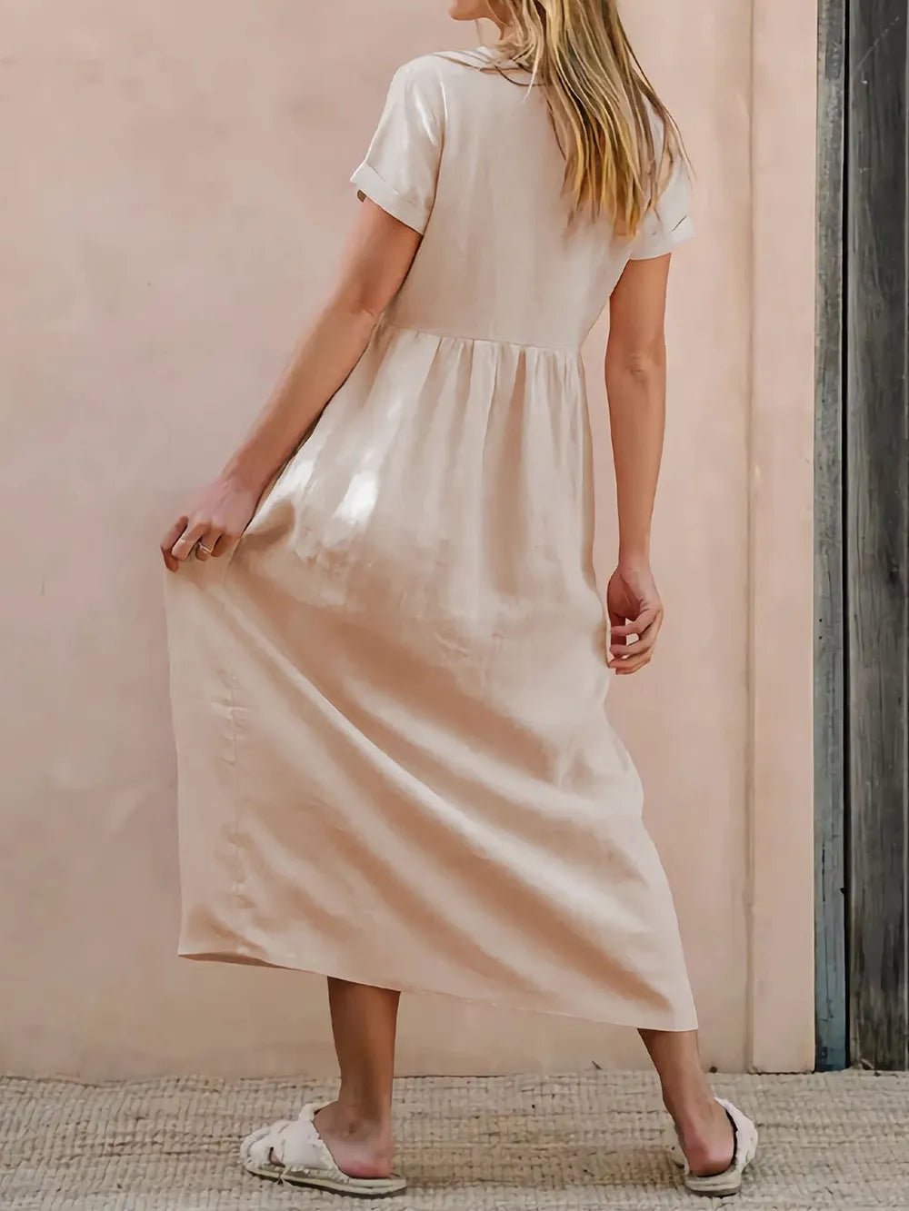 Perfee V-Neck Short Sleeve Midi Dress designed for comfort and style at Lookzlike