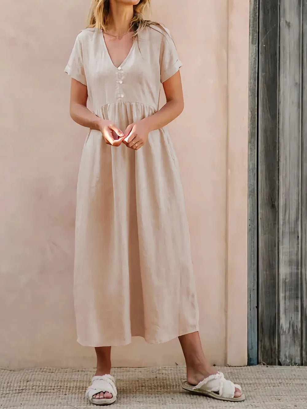 Perfee V-Neck Short Sleeve Midi Dress designed for comfort and style at Lookzlike
