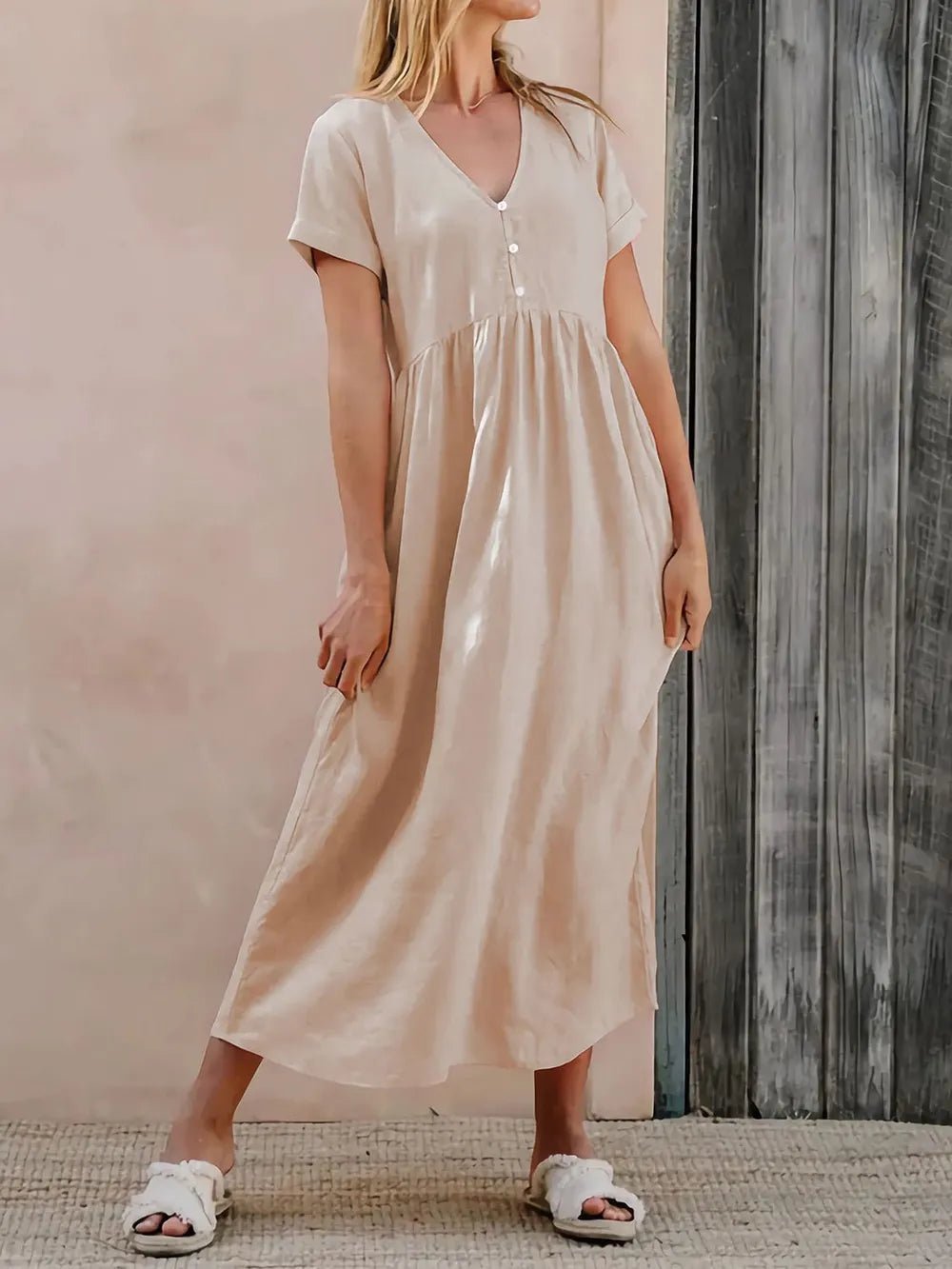 Perfee V-Neck Short Sleeve Midi Dress designed for comfort and style at Lookzlike