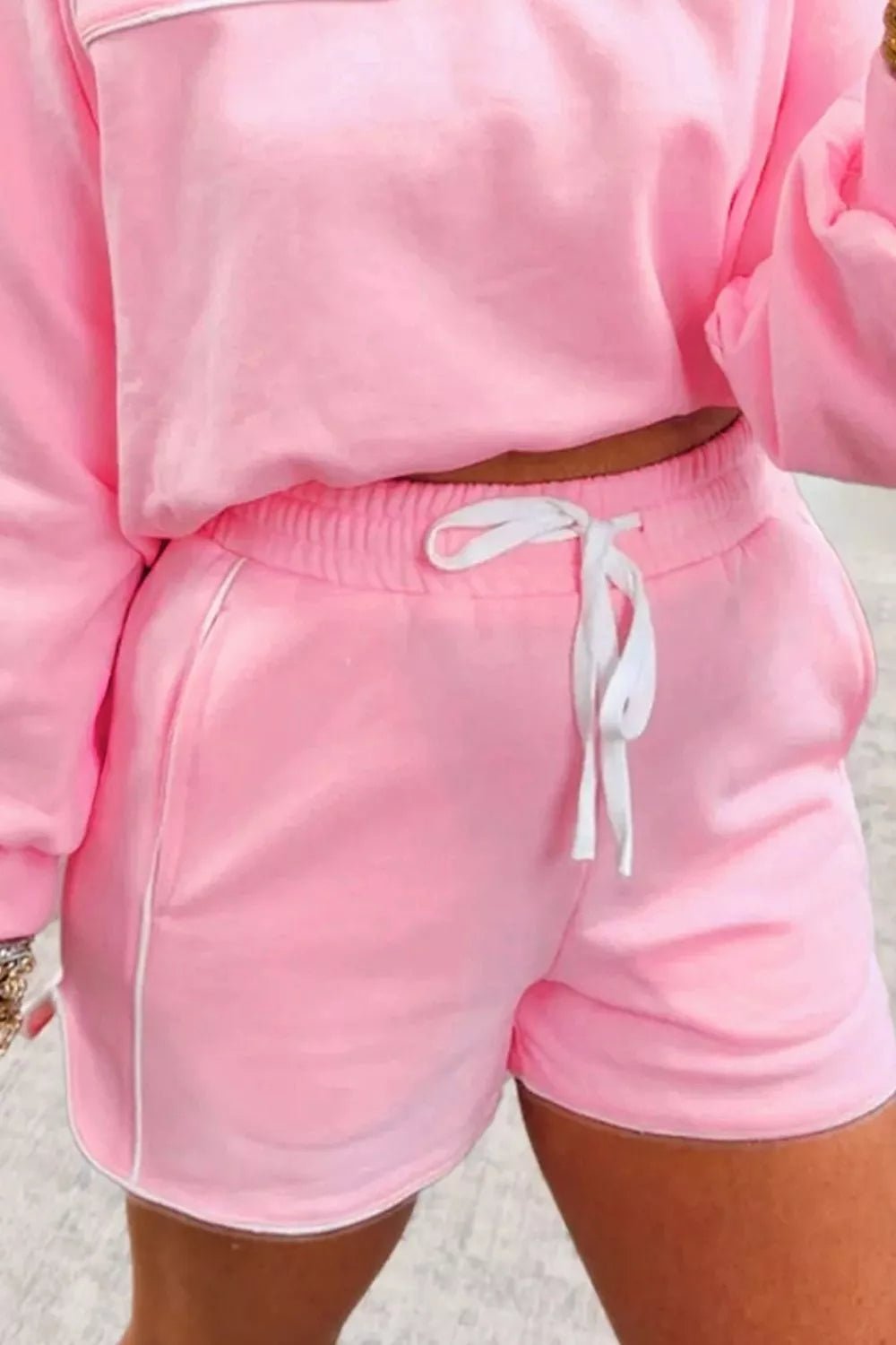 Piping Trim Long Sporty Pullover Drawstring Elastic Waist Shorts Set designed for comfort and style at Lookzlike