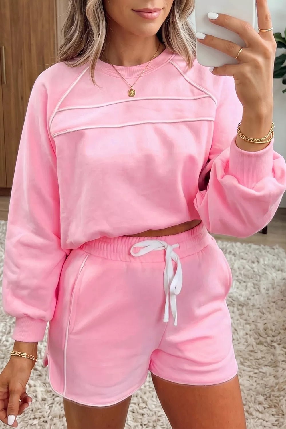 Piping Trim Long Sporty Pullover Drawstring Elastic Waist Shorts Set designed for comfort and style at Lookzlike