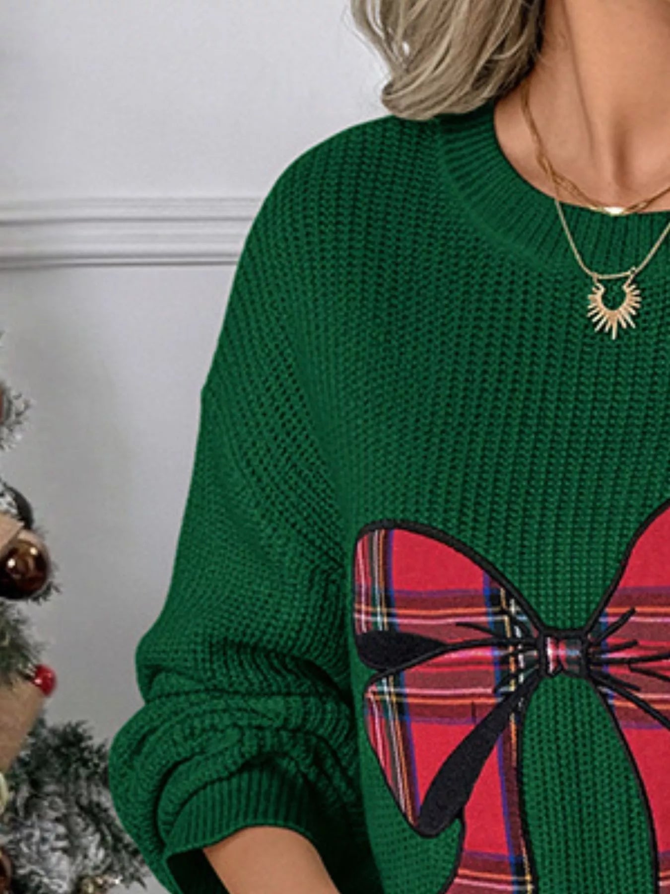 Plaid Bow Round Neck Christmas Sweater designed for comfort and style at Lookzlike