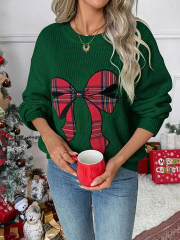 Plaid Bow Round Neck Christmas Sweater designed for comfort and style at Lookzlike