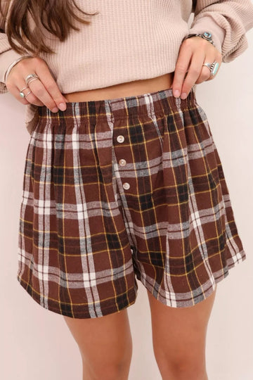Plaid Button Front Elastic Waist Shorts designed for comfort and style at Lookzlike