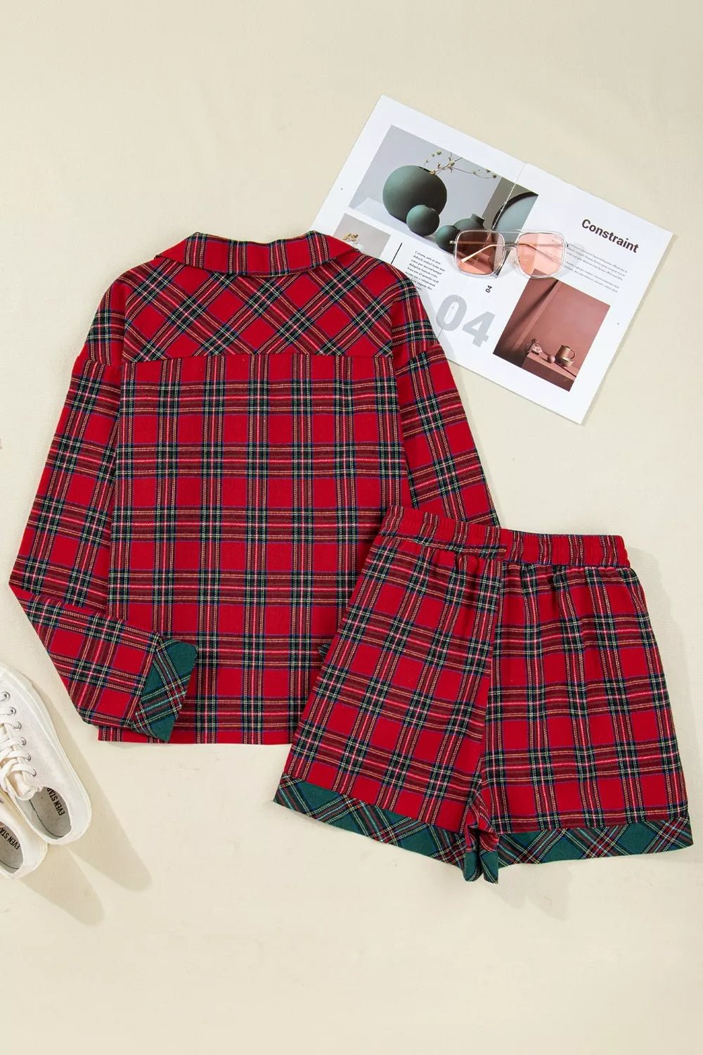 Plaid Contrast Patched Christmas Holiday Long Sleeve Shirt and Short 2pcs Pajama Set designed for comfort and style at Lookzlike