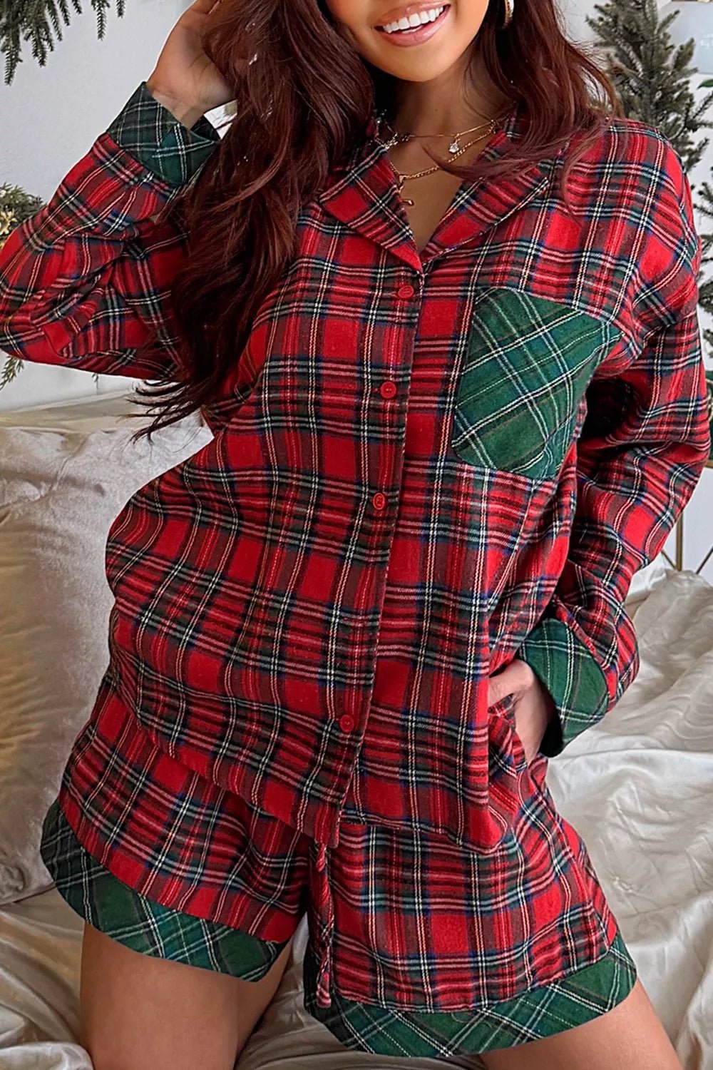 Plaid Contrast Patched Christmas Holiday Long Sleeve Shirt and Short 2pcs Pajama Set designed for comfort and style at Lookzlike