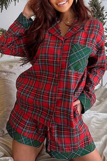 Plaid Contrast Patched Christmas Holiday Long Sleeve Shirt and Short 2pcs Pajama Set designed for comfort and style at Lookzlike