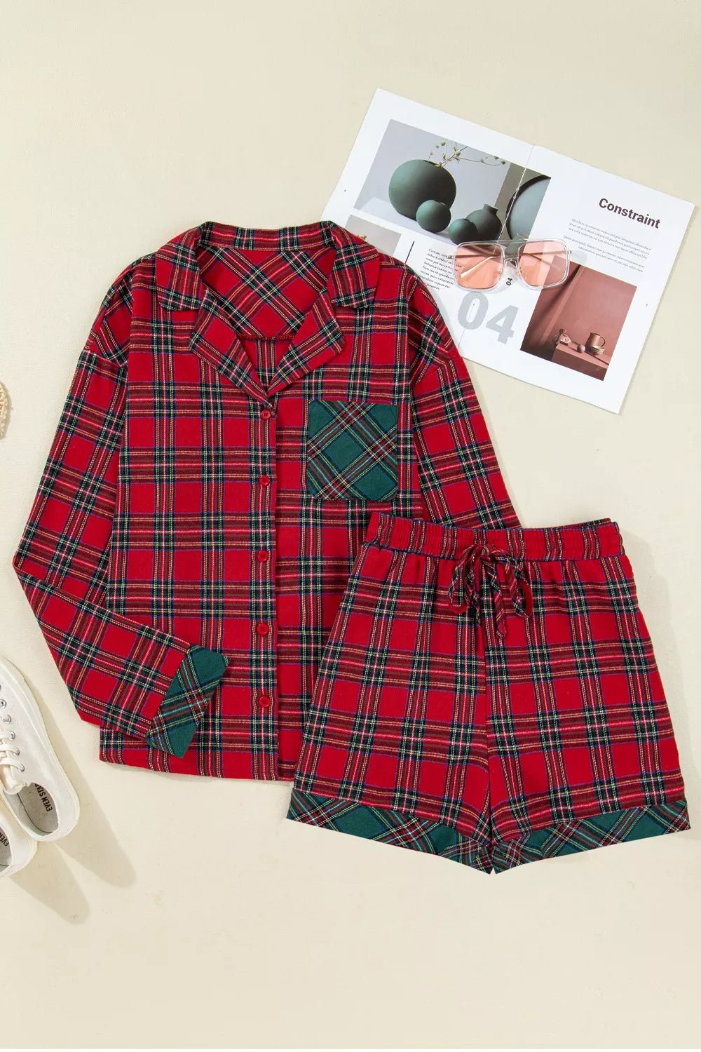 Plaid Contrast Patched Christmas Holiday Long Sleeve Shirt and Short 2pcs Pajama Set designed for comfort and style at Lookzlike