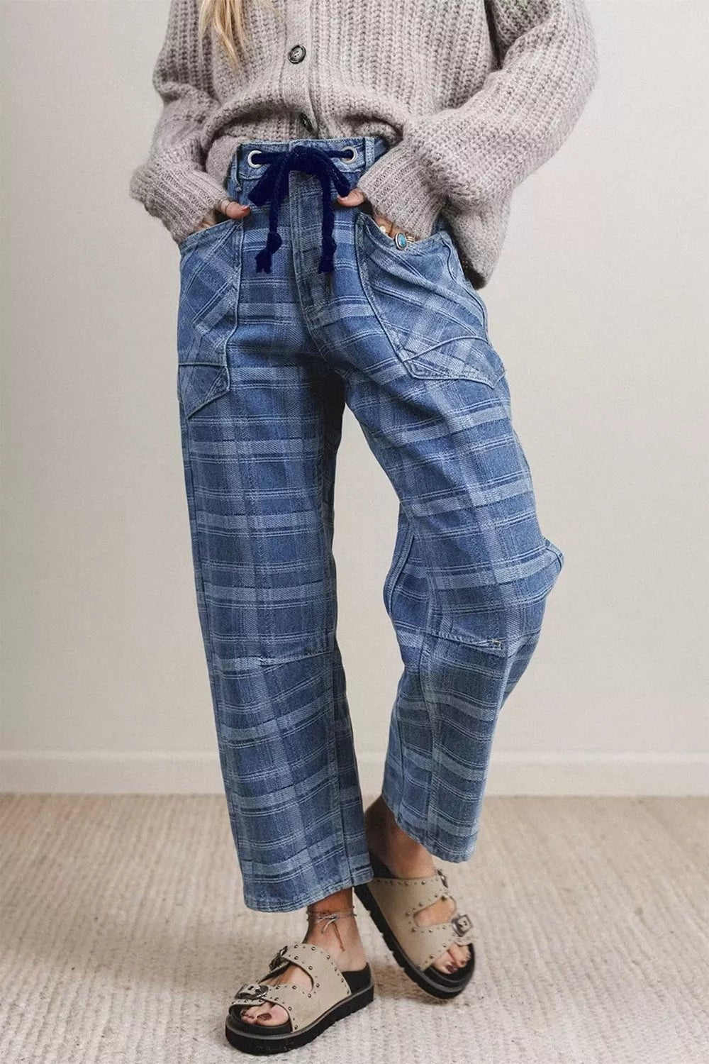 Plaid Denim Grommet Drawstring Waist Ankle-Length Jeans designed for comfort and style at Lookzlike