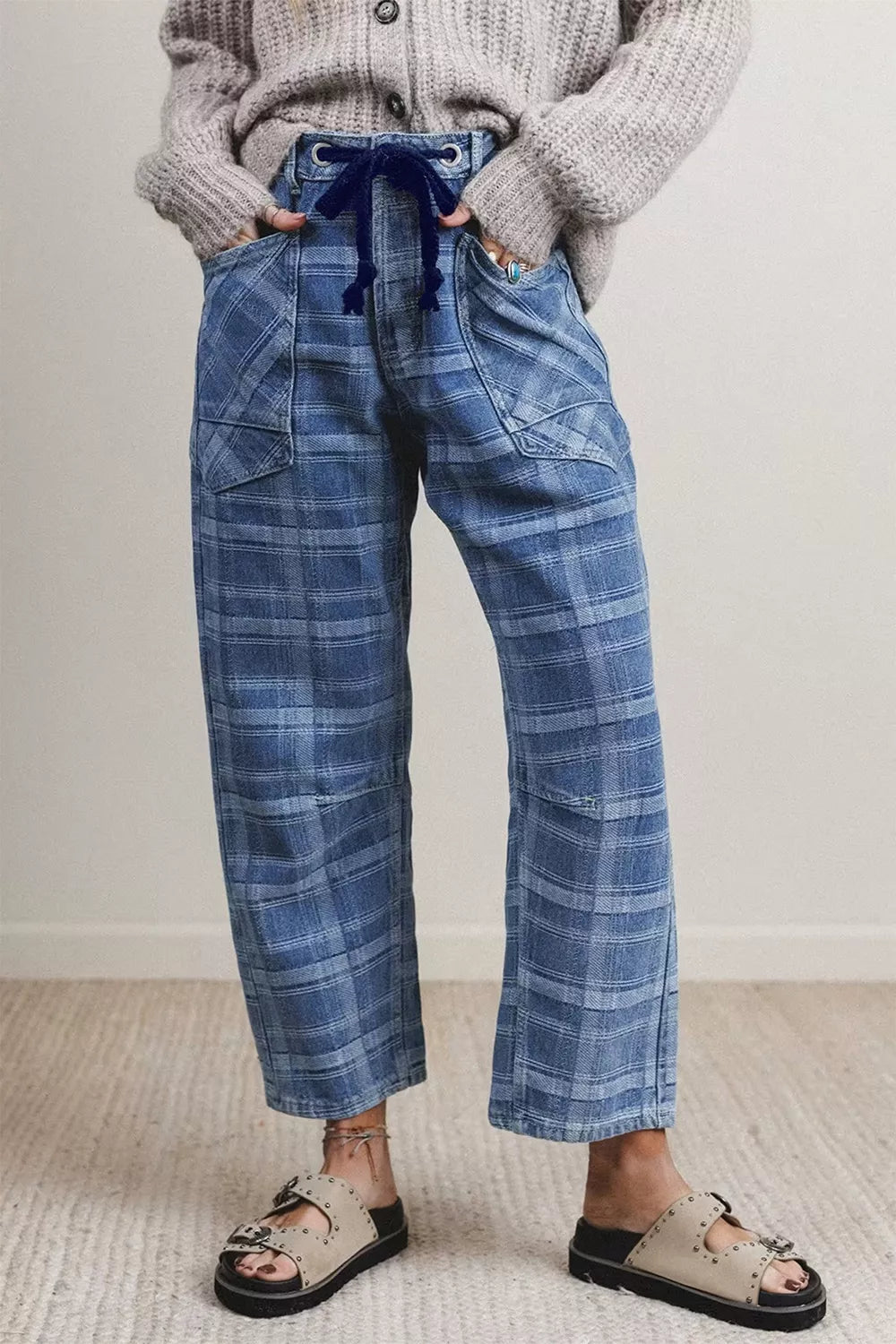 Plaid Denim Grommet Drawstring Waist Ankle-Length Jeans designed for comfort and style at Lookzlike