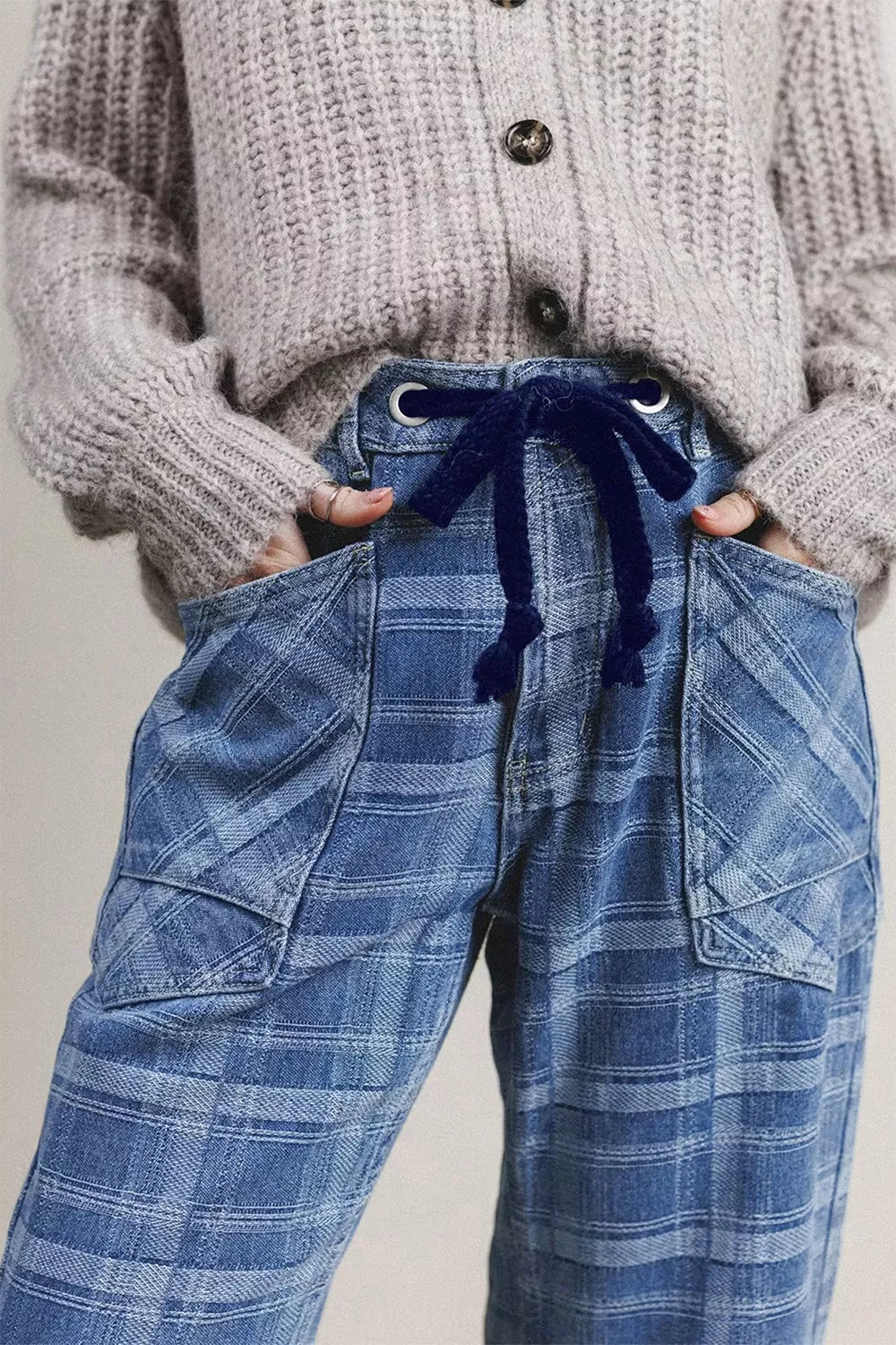 Plaid Denim Grommet Drawstring Waist Ankle-Length Jeans designed for comfort and style at Lookzlike
