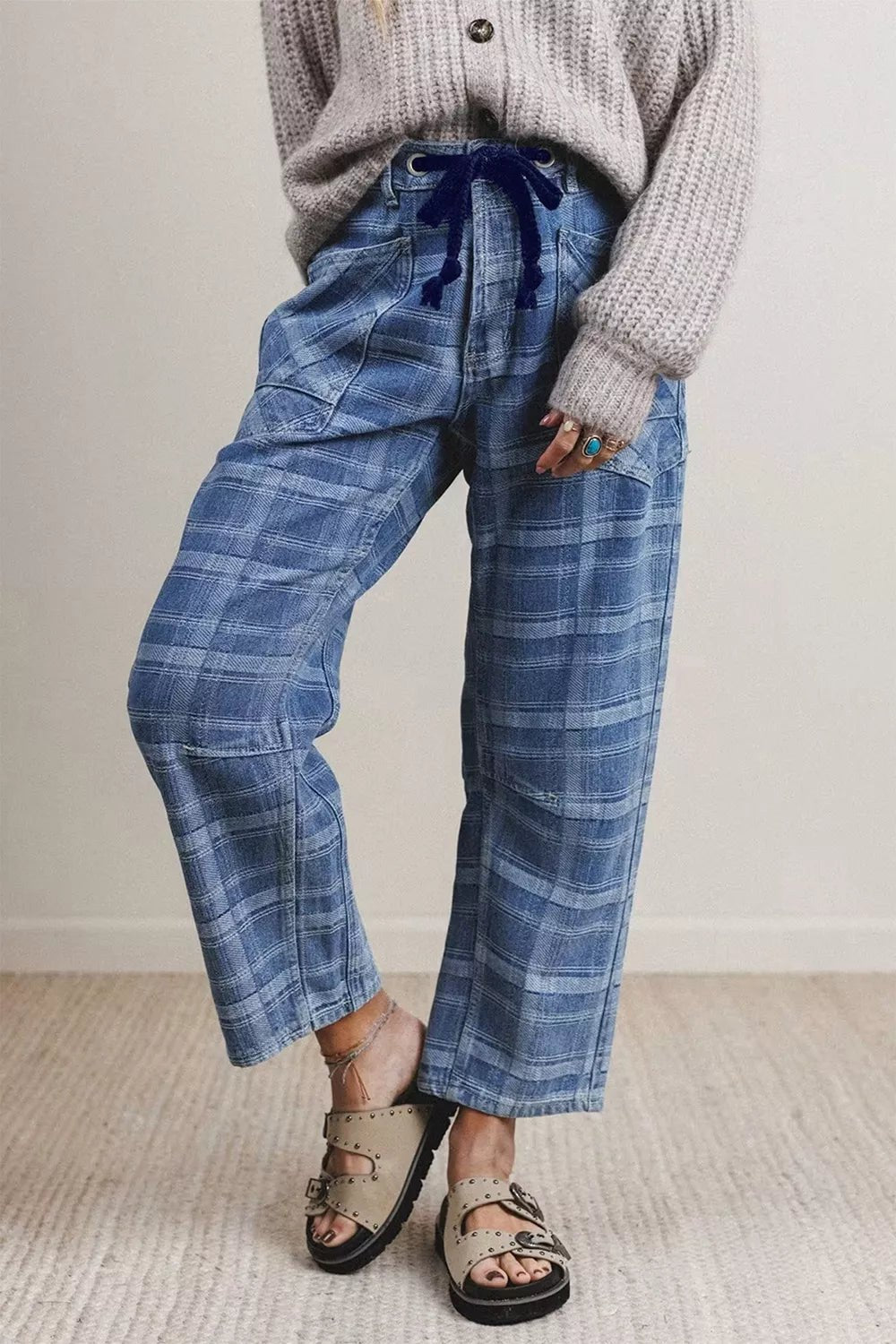 Plaid Denim Grommet Drawstring Waist Ankle-Length Jeans designed for comfort and style at Lookzlike