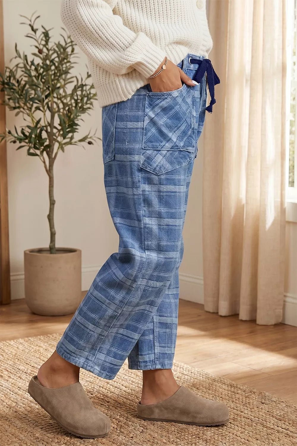 Plaid Denim Grommet Drawstring Waist Ankle-Length Jeans designed for comfort and style at Lookzlike