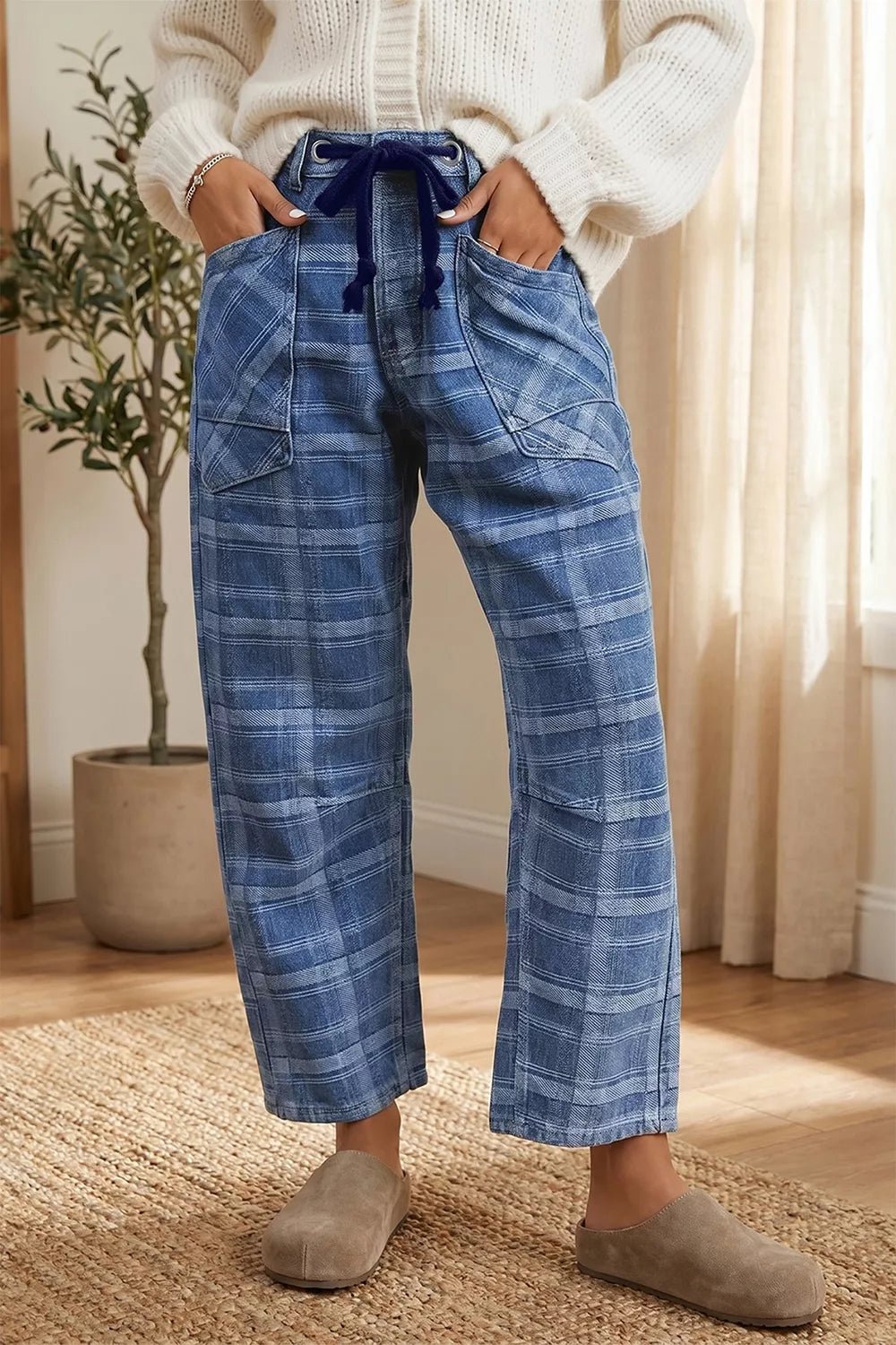 Plaid Denim Grommet Drawstring Waist Ankle-Length Jeans designed for comfort and style at Lookzlike