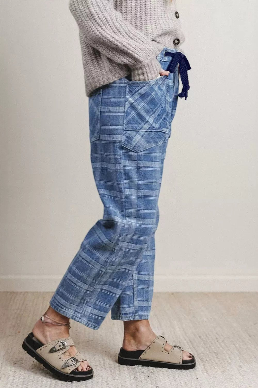 Plaid Denim Grommet Drawstring Waist Ankle-Length Jeans designed for comfort and style at Lookzlike