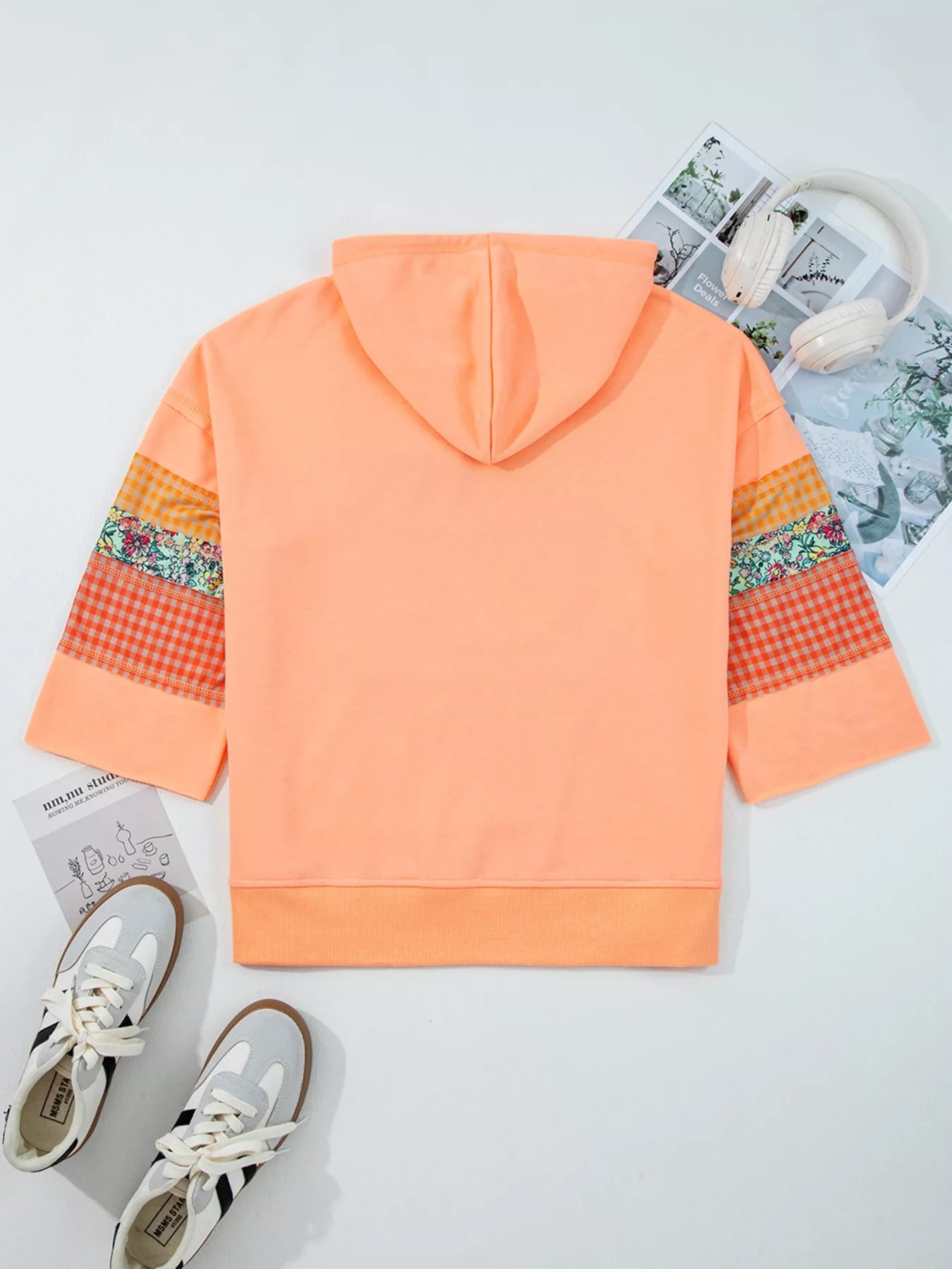Plaid Floral Patchwork Kangaroo Pocket Hoodie designed for comfort and style at Lookzlike