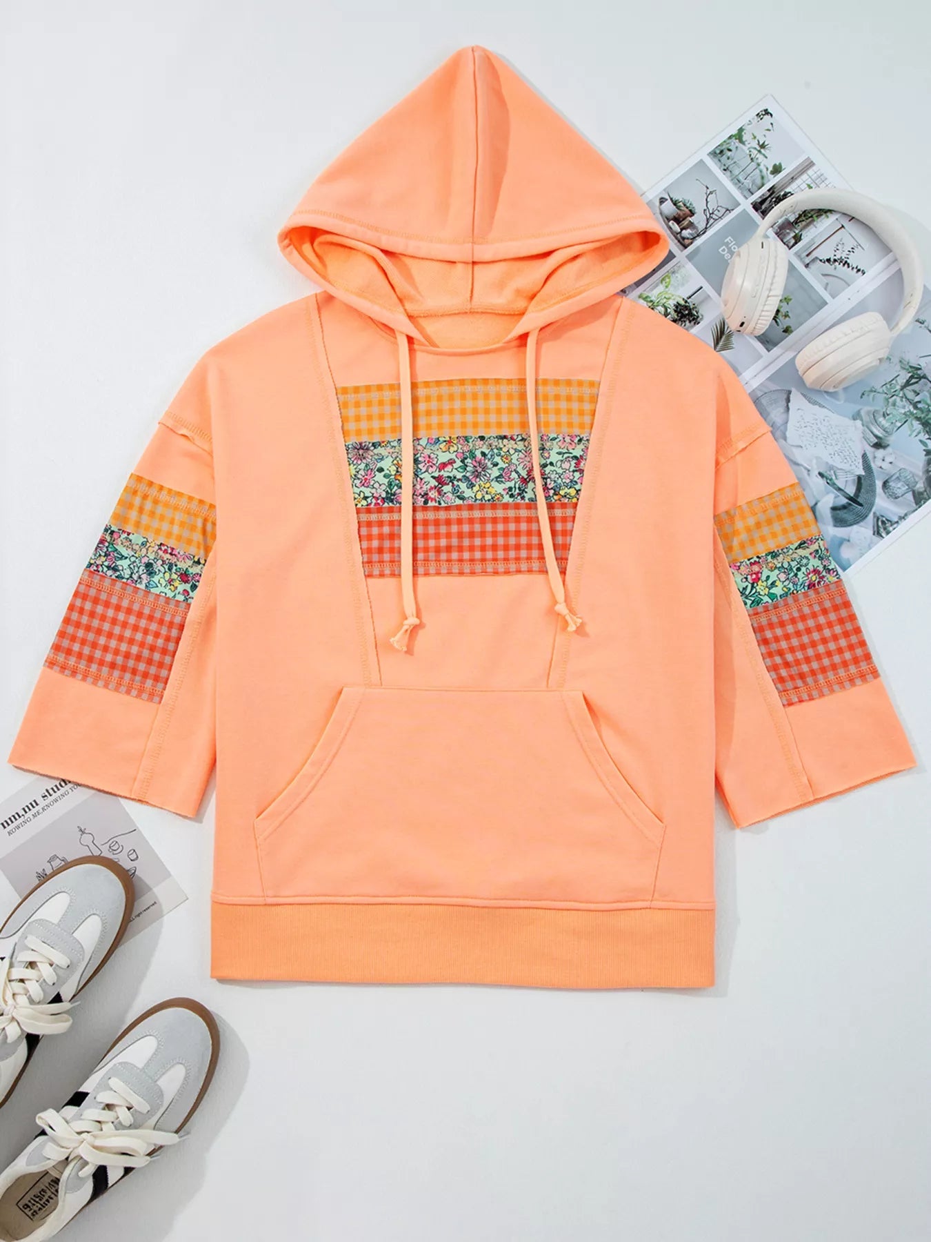 Plaid Floral Patchwork Kangaroo Pocket Hoodie designed for comfort and style at Lookzlike