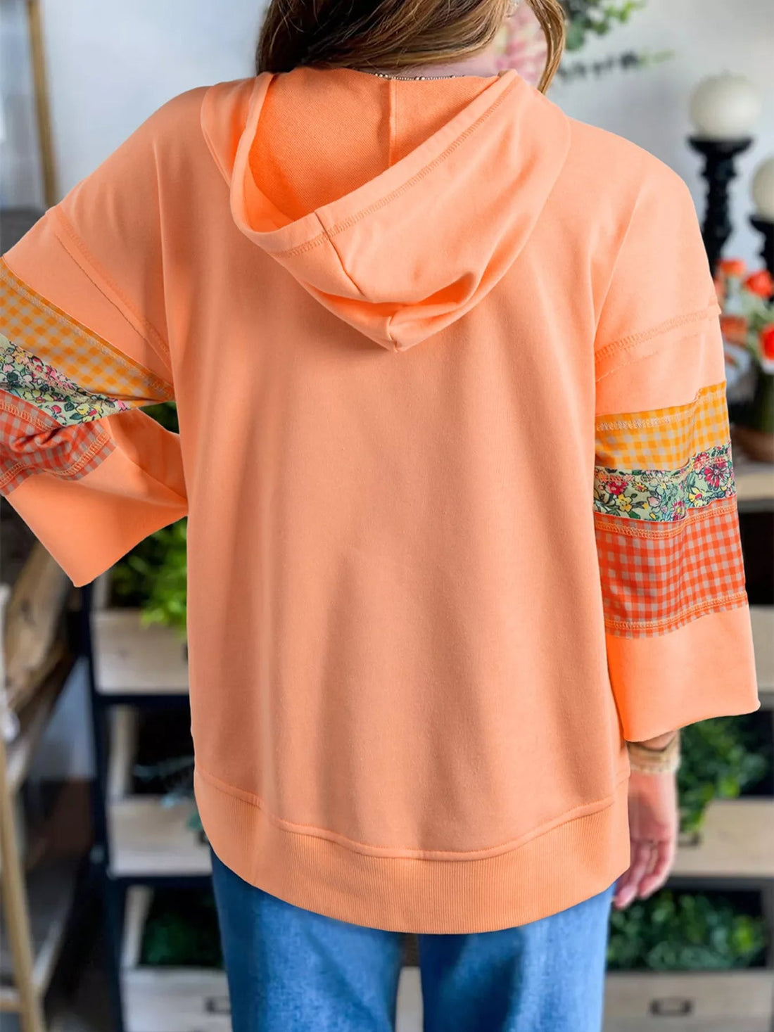 Plaid Floral Patchwork Kangaroo Pocket Hoodie designed for comfort and style at Lookzlike