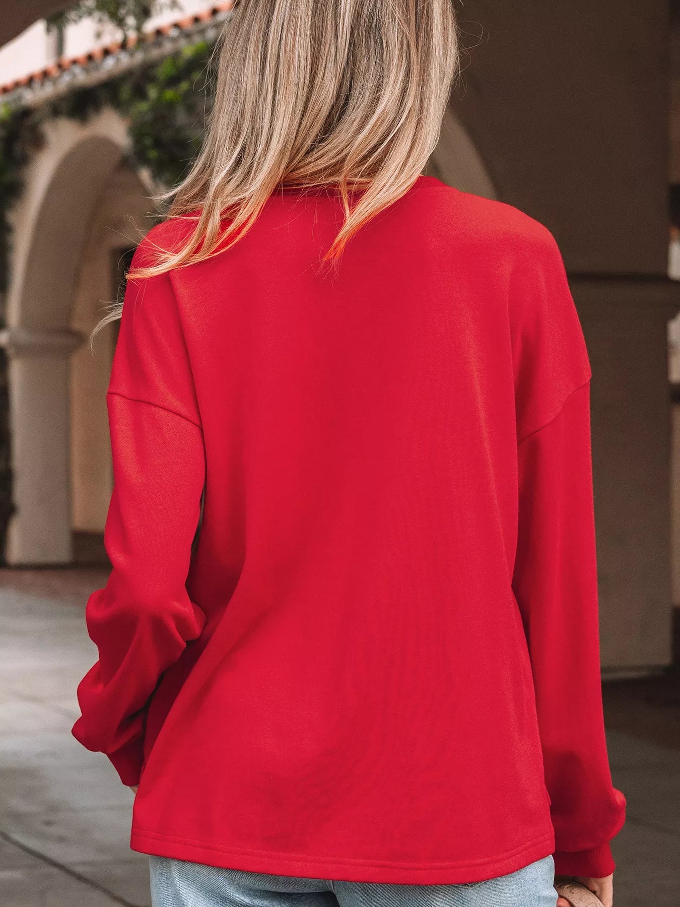 Plaid Frayed Double Christmas Tree Patched Drop Shoulder Sweatshirt designed for comfort and style at Lookzlike