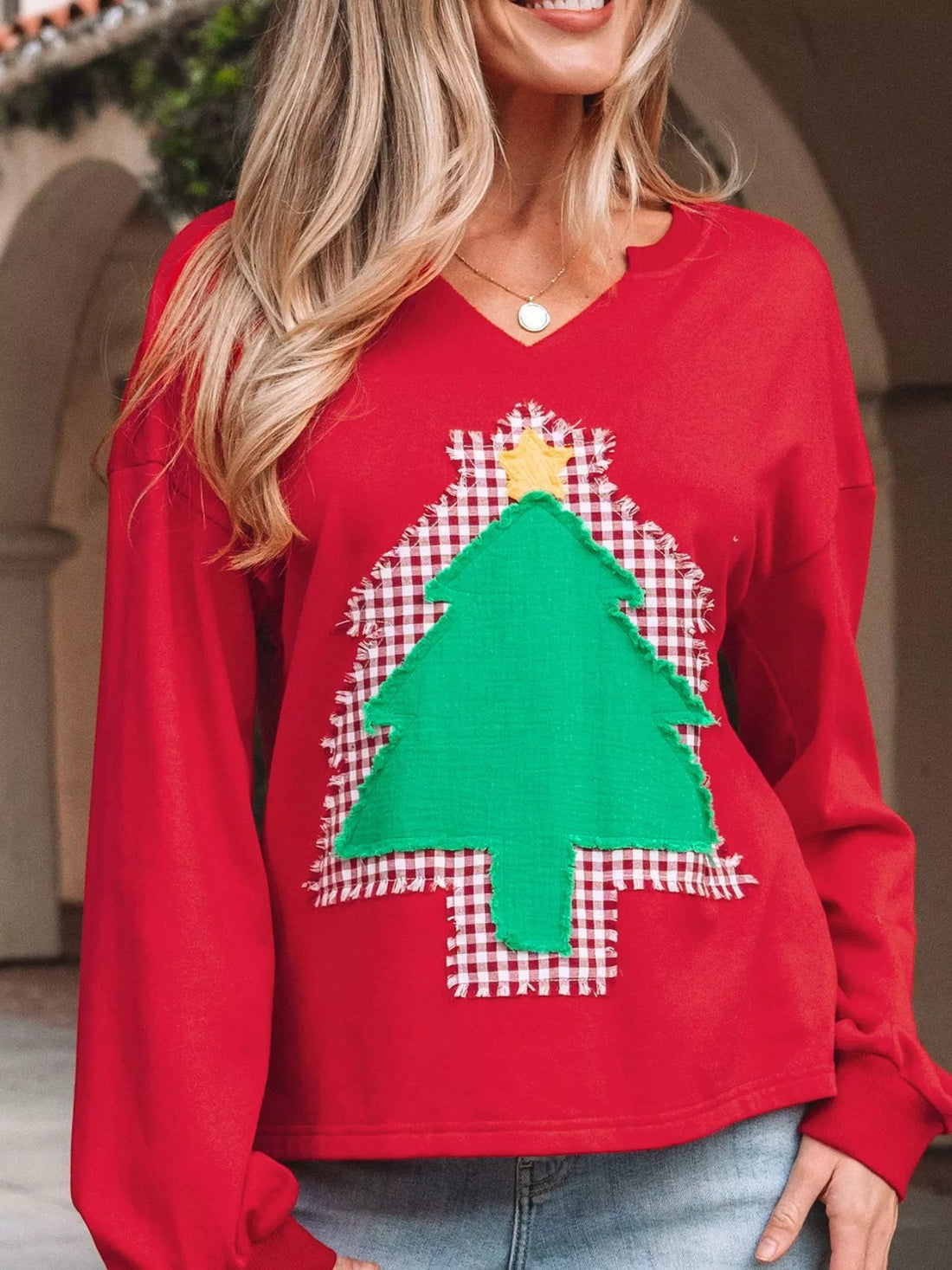 Plaid Frayed Double Christmas Tree Patched Drop Shoulder Sweatshirt designed for comfort and style at Lookzlike