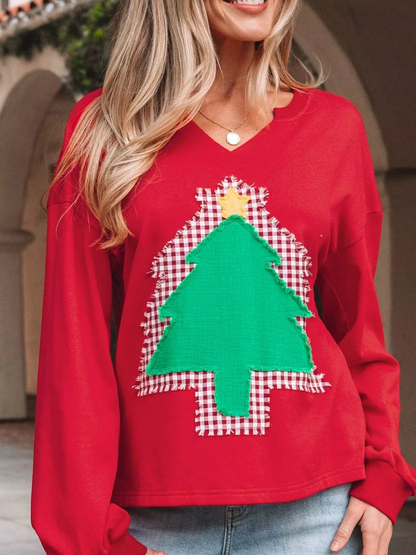 Plaid Frayed Double Christmas Tree Patched Drop Shoulder Sweatshirt designed for comfort and style at Lookzlike