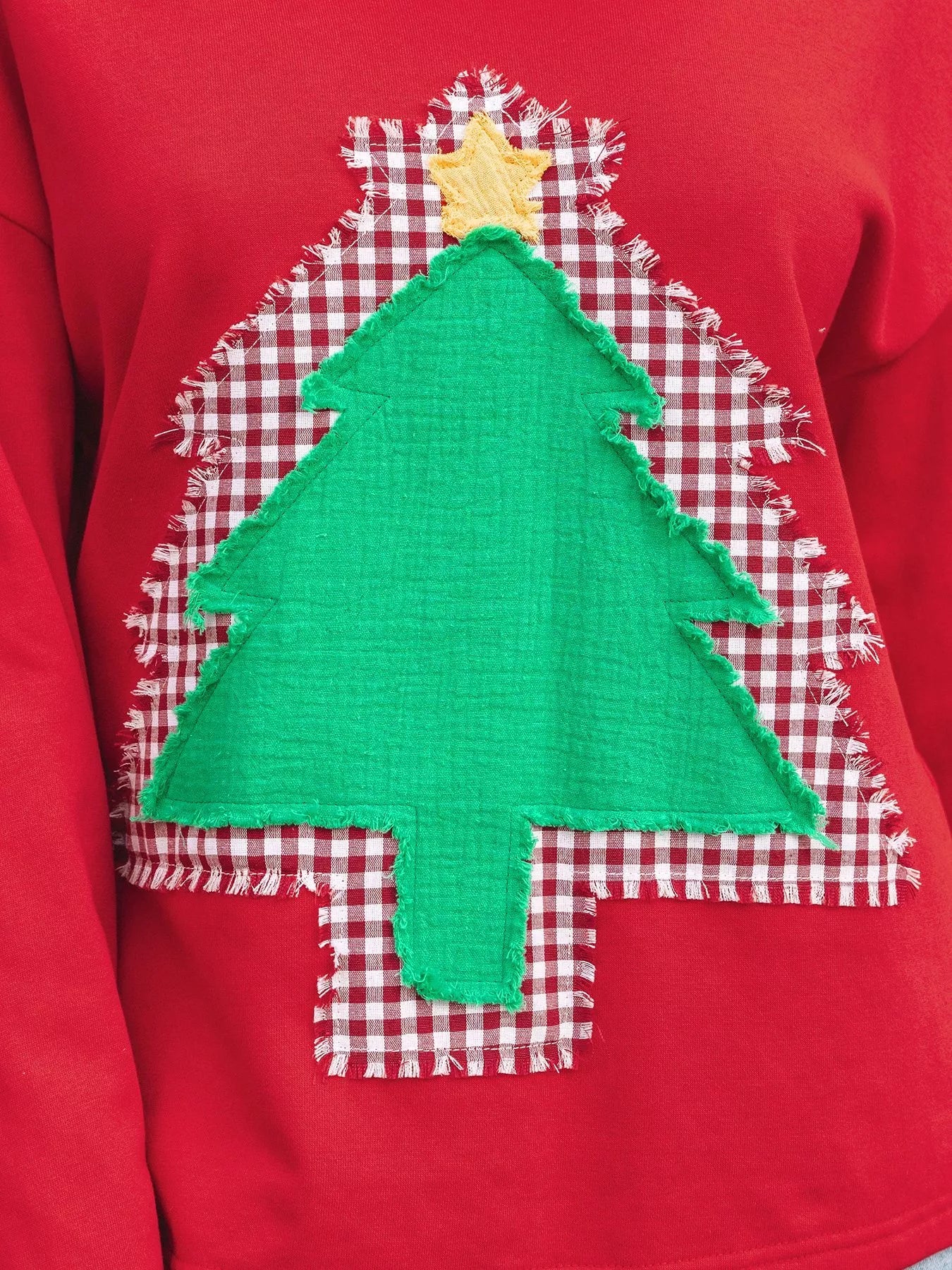 Plaid Frayed Double Christmas Tree Patched Drop Shoulder Sweatshirt designed for comfort and style at Lookzlike
