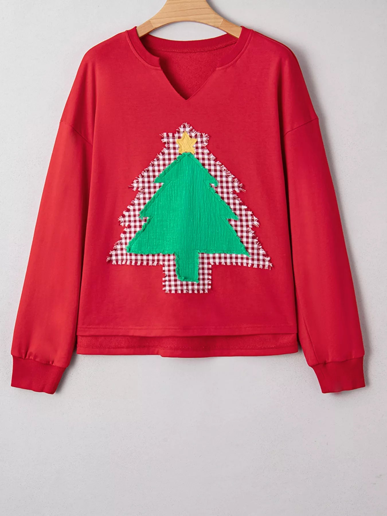 Plaid Frayed Double Christmas Tree Patched Drop Shoulder Sweatshirt designed for comfort and style at Lookzlike