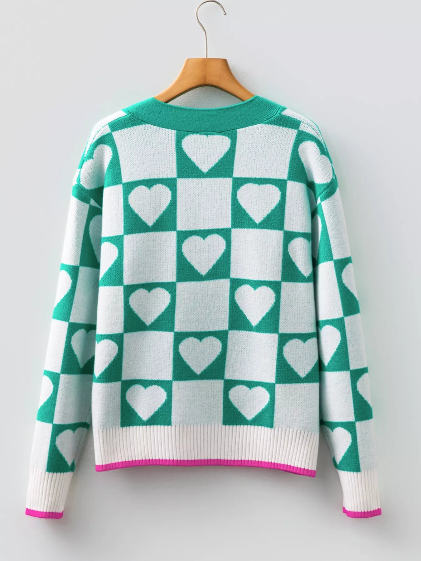 Plaid Heart Knit V Neck Button Down Sweater Cardigan designed for comfort and style at Lookzlike