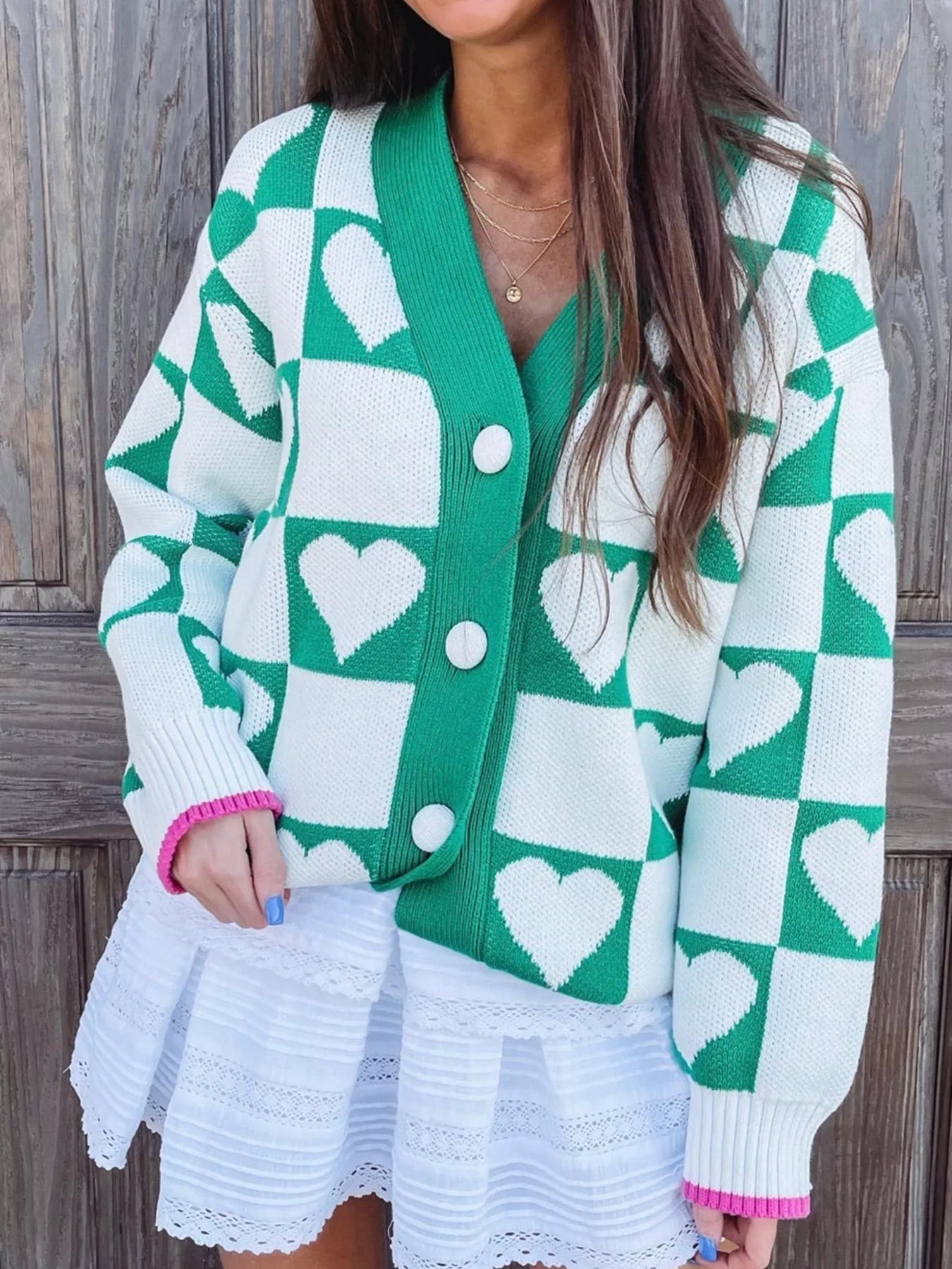 Plaid Heart Knit V Neck Button Down Sweater Cardigan designed for comfort and style at Lookzlike