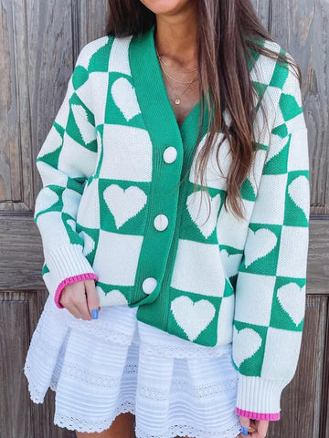 Plaid Heart Knit V Neck Button Down Sweater Cardigan designed for comfort and style at Lookzlike