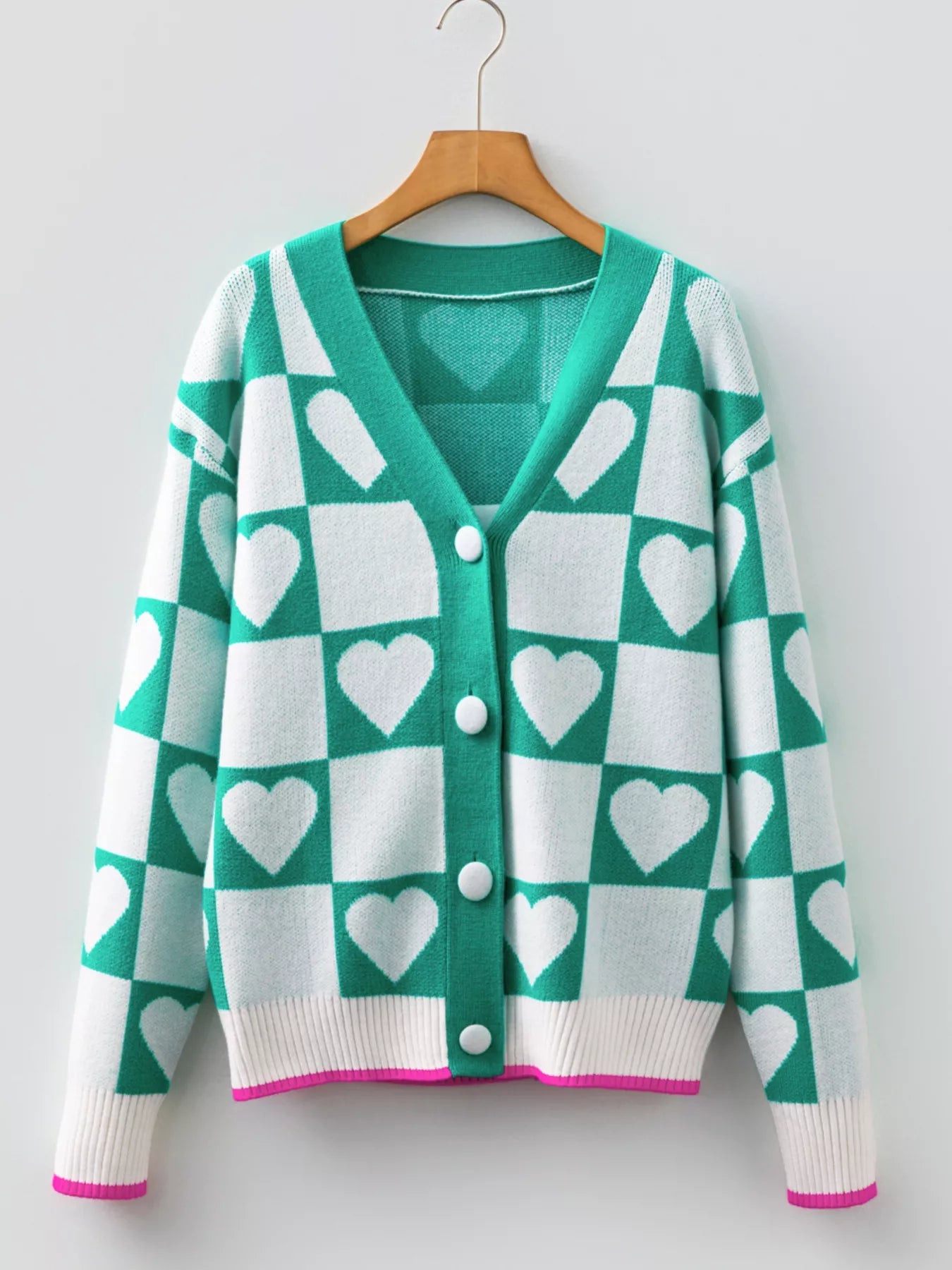 Plaid Heart Knit V Neck Button Down Sweater Cardigan designed for comfort and style at Lookzlike