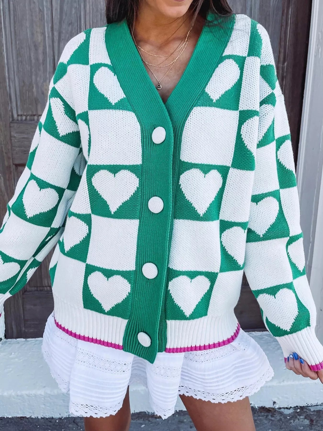 Plaid Heart Knit V Neck Button Down Sweater Cardigan designed for comfort and style at Lookzlike