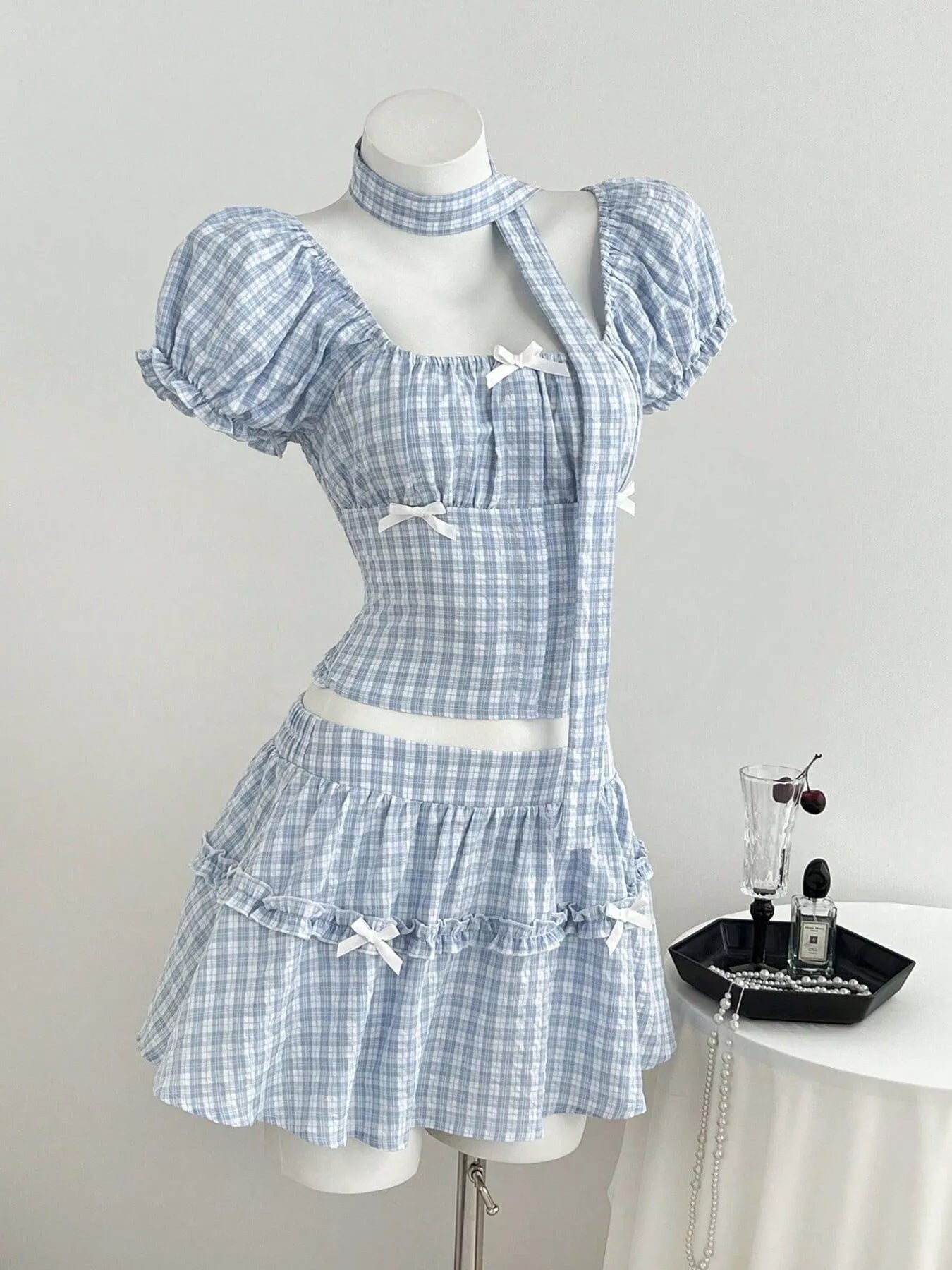 Plaid Puff Sleeve Blouse and Skirt Set designed for comfort and style at Lookzlike
