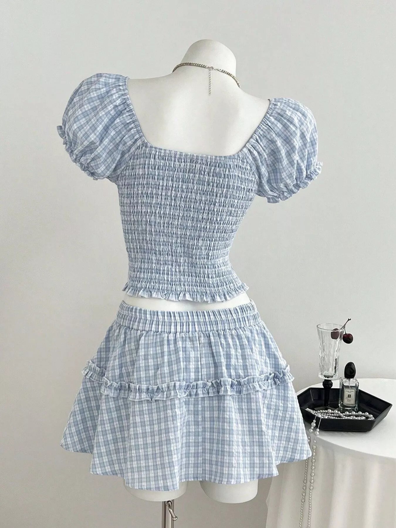 Plaid Puff Sleeve Blouse and Skirt Set designed for comfort and style at Lookzlike