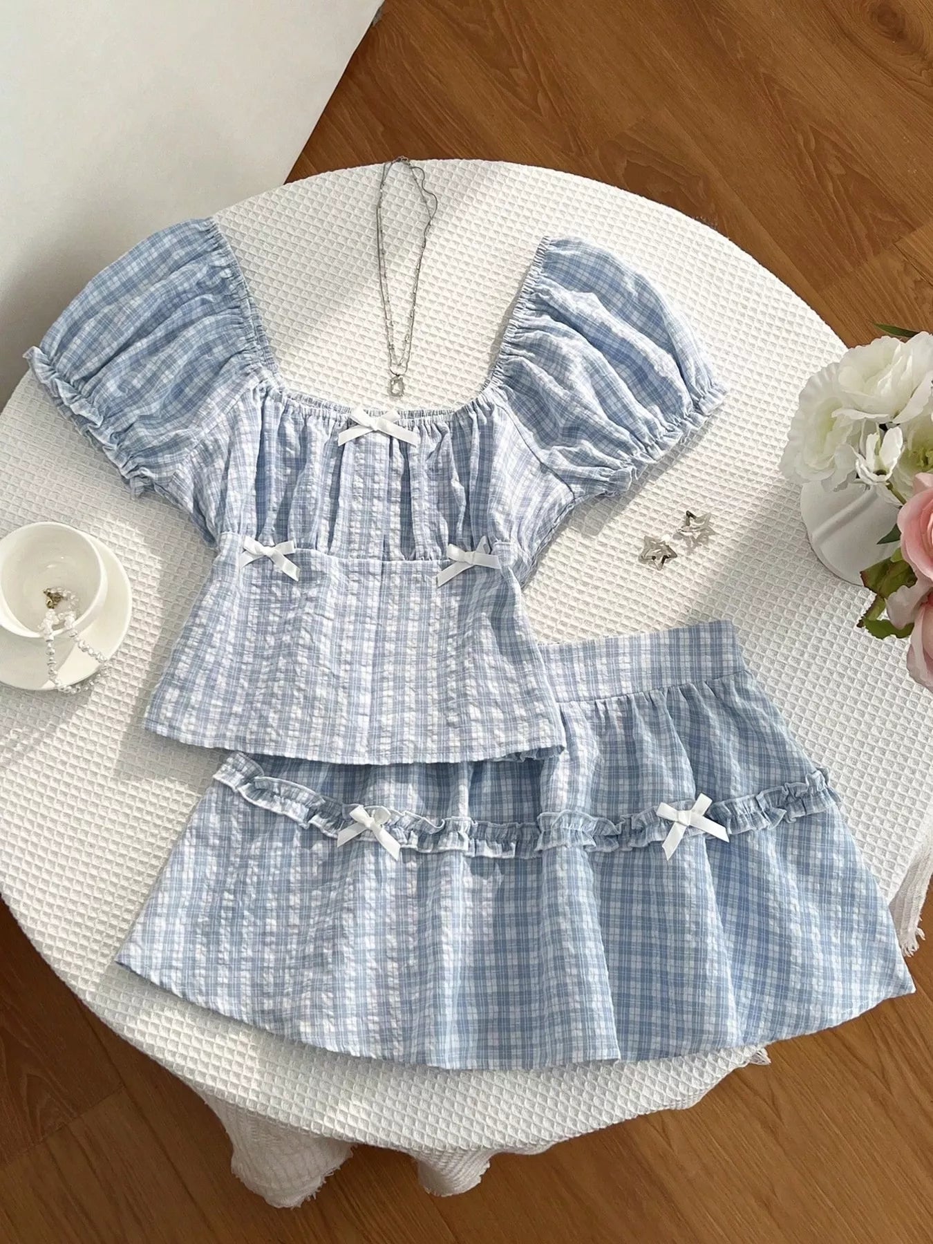 Plaid Puff Sleeve Blouse and Skirt Set designed for comfort and style at Lookzlike