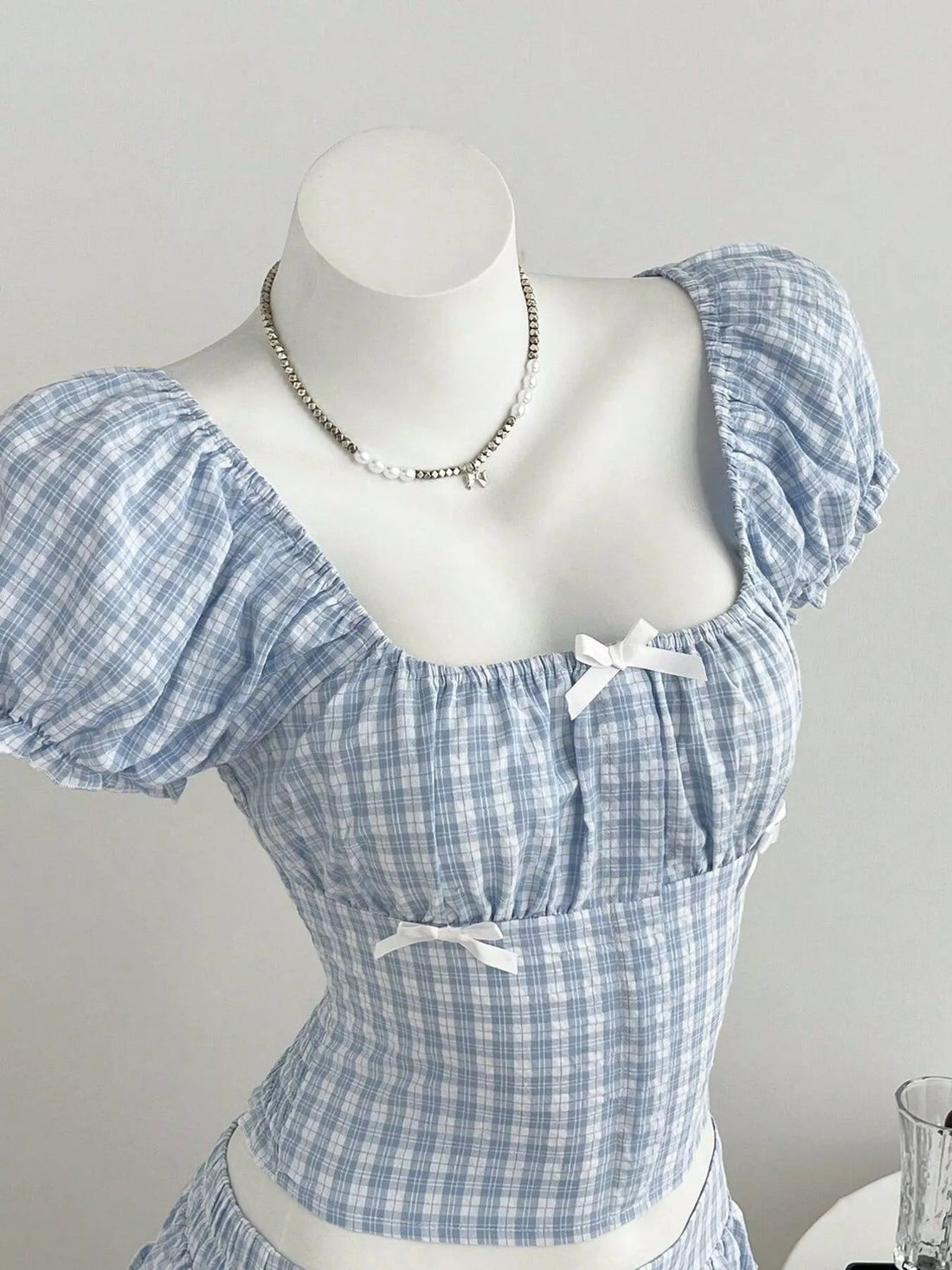 Plaid Puff Sleeve Blouse and Skirt Set designed for comfort and style at Lookzlike