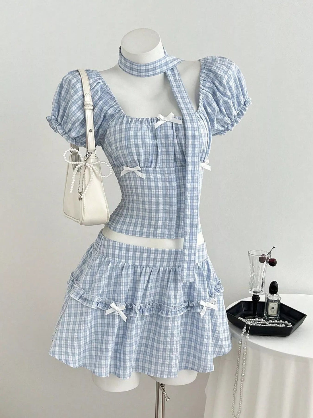 Plaid Puff Sleeve Blouse and Skirt Set designed for comfort and style at Lookzlike