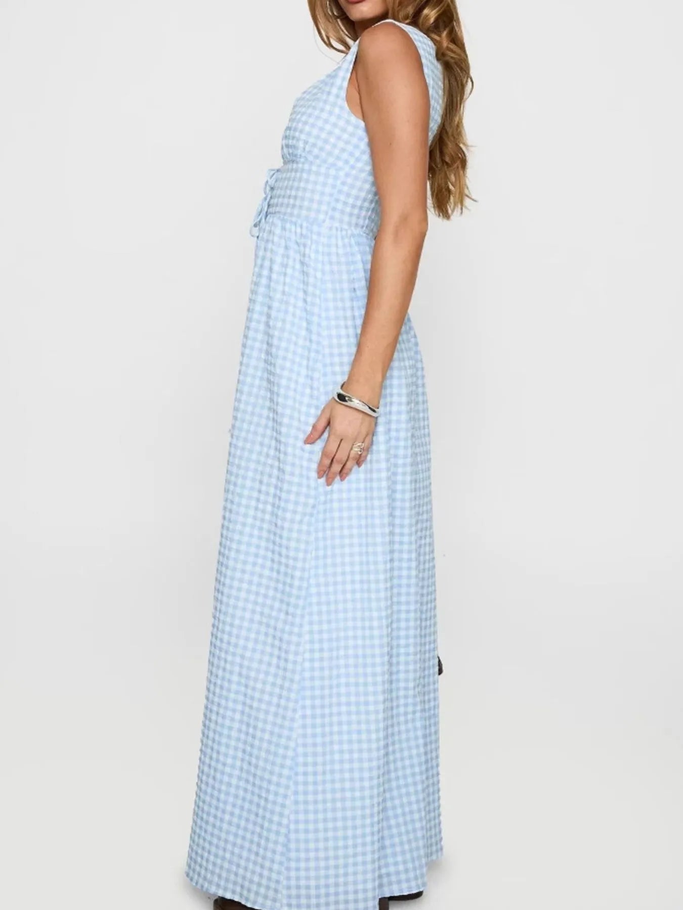 Plaid Tie Front Sleeveless Maxi Dress - Lookzlike