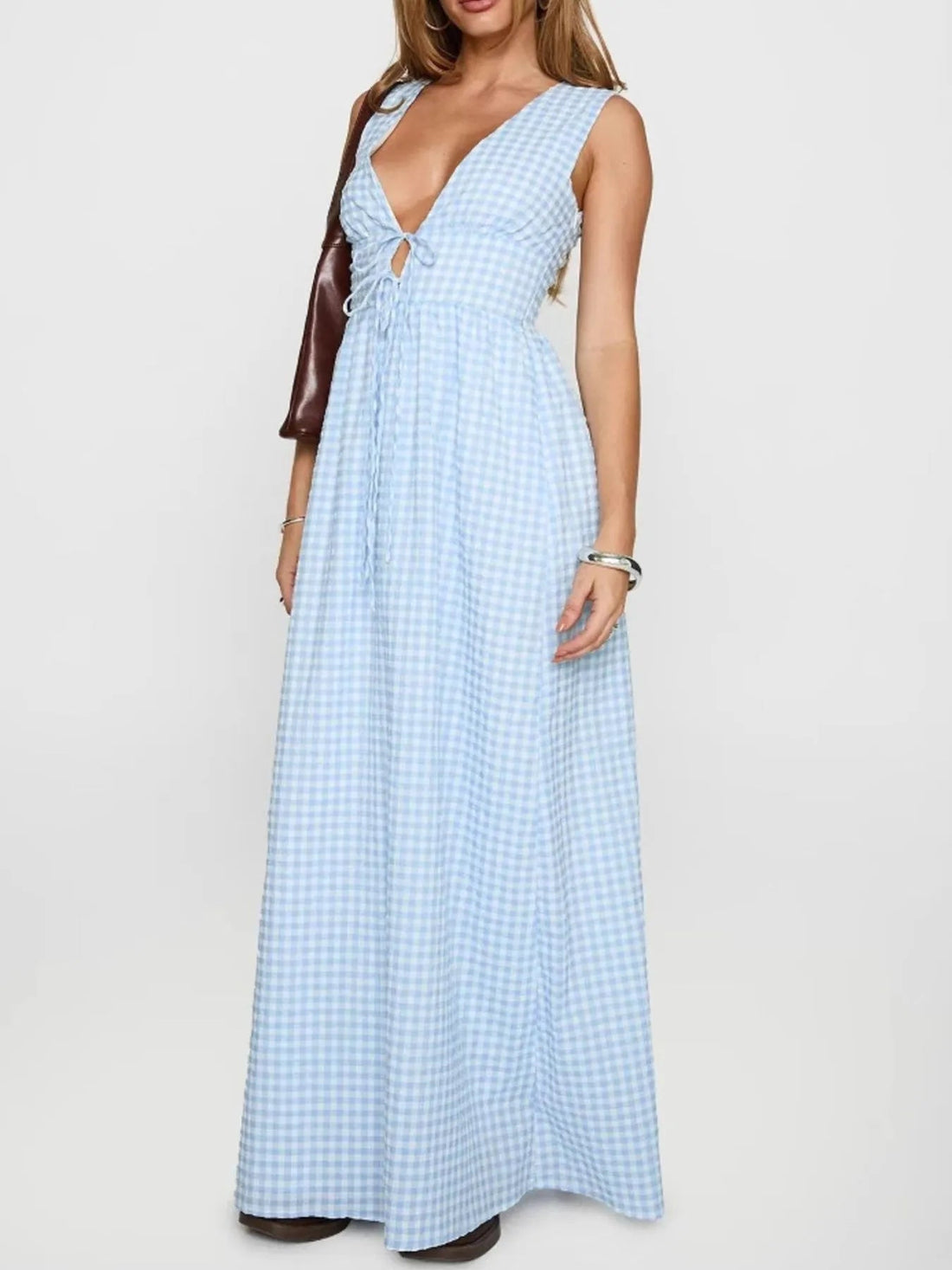 Plaid Tie Front Sleeveless Maxi Dress - Lookzlike
