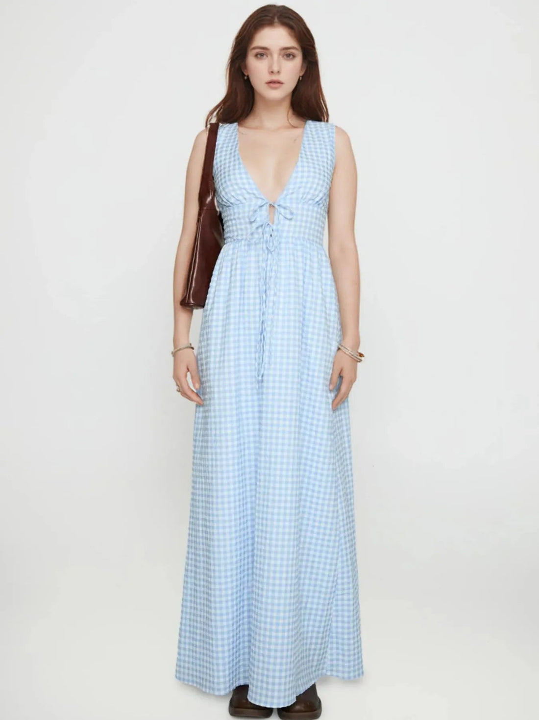 Plaid Tie Front Sleeveless Maxi Dress - Lookzlike