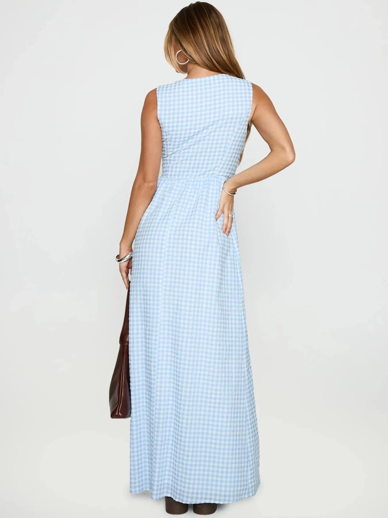 Plaid Tie Front Sleeveless Maxi Dress - Lookzlike
