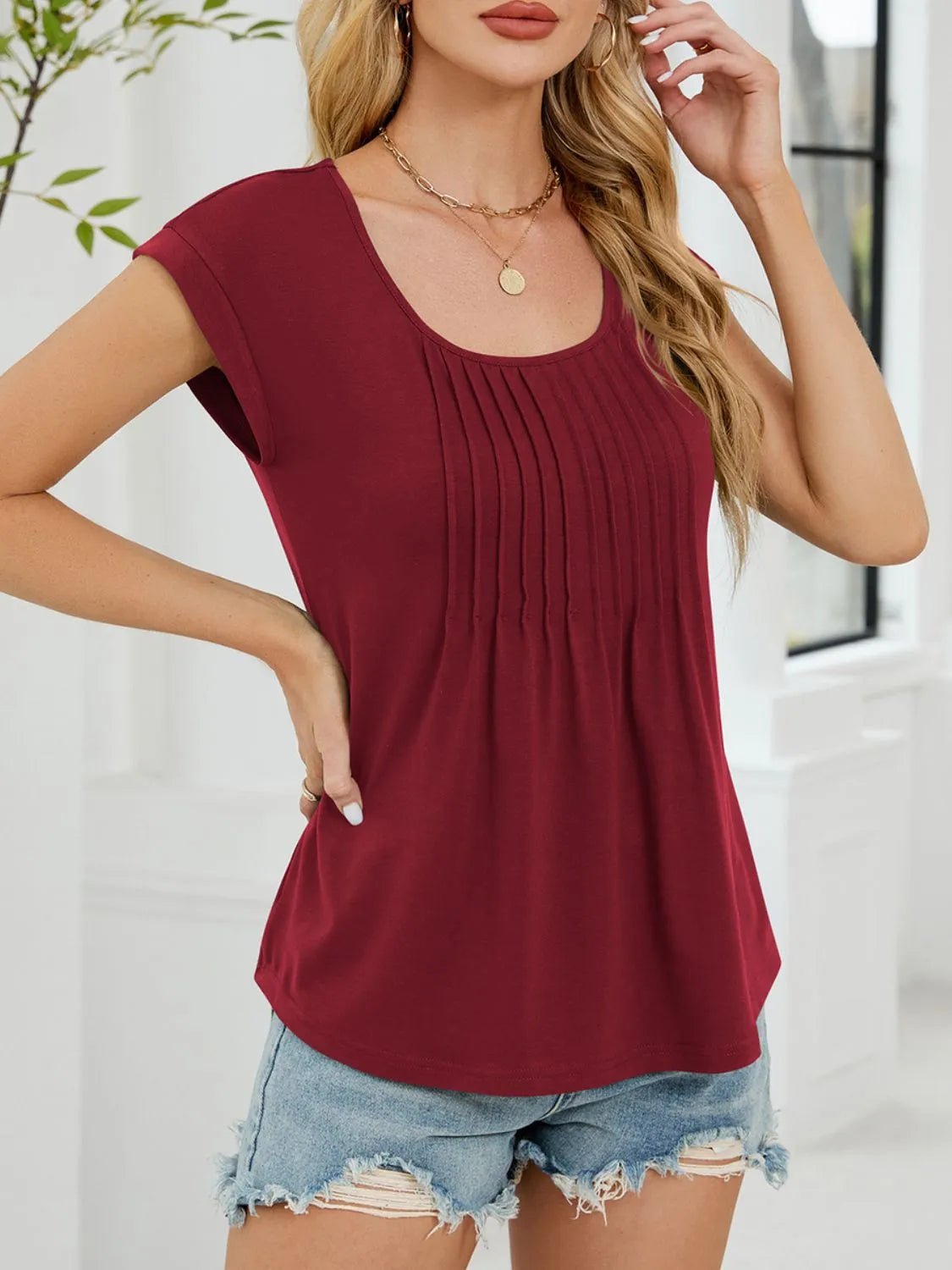 Pleated Front Scoop Neck T-Shirt - Lookzlike