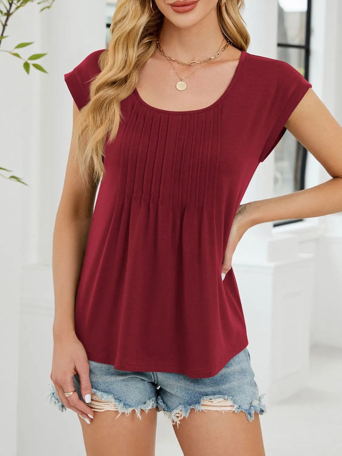 Pleated Front Scoop Neck T-Shirt - Lookzlike